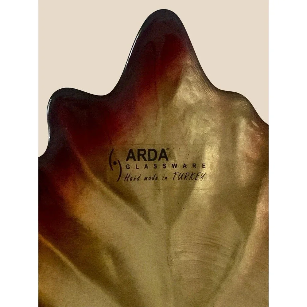 VTG Arda Glassware Autumn Leaf Bowl Tray Iridescent Art Glass Handmade Turkey
